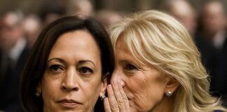 Kamala Harris and Jill Biden engaged in a whispering conversation at a formal event