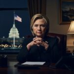 Hillary Clinton seated at a desk with a serious expression, Washington D.C. in the background