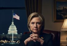 Hillary Clinton seated at a desk with a serious expression, Washington D.C. in the background