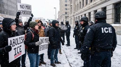Protesters holding signs against ICE in a snowy environment