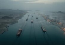 Aerial view of cargo ships navigating a shipping channel