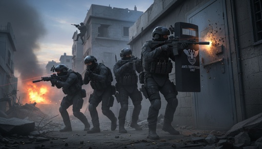 shutterstock_2756074169.jpg A tactical team of soldiers in combat gear advancing through a war-torn urban environment