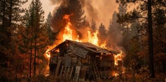 A wooden cabin engulfed in flames surrounded by trees