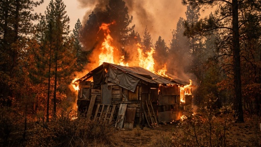 A wooden cabin engulfed in flames surrounded by trees
