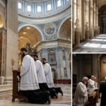 Clergy members kneeling in prayer inside a grand cathedral