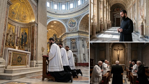 Clergy members kneeling in prayer inside a grand cathedral