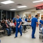 Busy emergency department with healthcare workers attending to patients