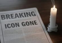 A newspaper with the headline 'BREAKING ICON GONE' next to a lit candle