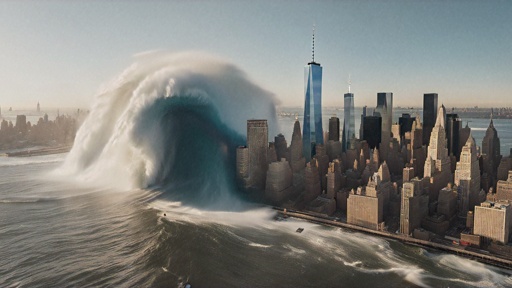 A massive tsunami wave approaching a city skyline