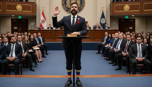A man in a suit taking an oath with a rainbow sock visible