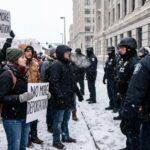 Protesters holding signs against ICE in a snowy environment