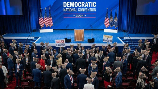 Crowd at a political convention wearing rat masks and holding signs