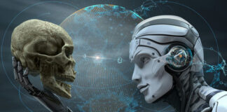 Robot holding skull with digital Earth in background.