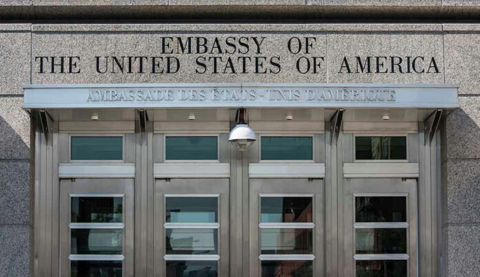 Entrance of the U.S. Embassy building.