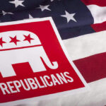 Republican elephant logo on American flag background.