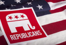 Republican elephant logo on American flag background.