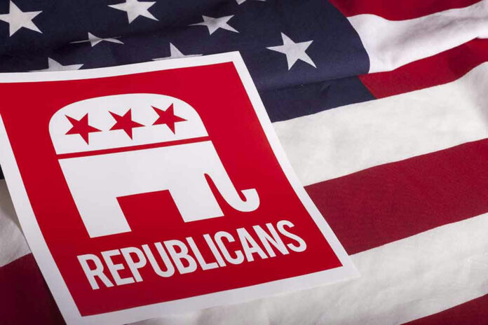 Republican elephant logo on American flag background.