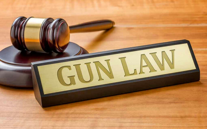 Gavel and Gun Law sign on wooden surface.