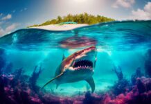 A shark swimming near a coral reef with a tropical island in the background
