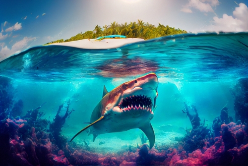 A shark swimming near a coral reef with a tropical island in the background