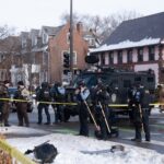 Gunman Ambush Stuns Montreal — Officer Down Police officers at a crime scene with a tactical vehicle in a snowy urban area
