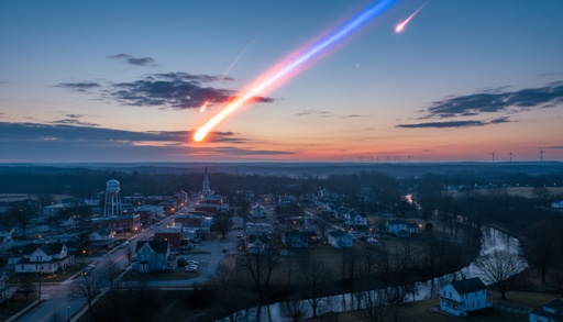A meteor streaking across the sky above a small town during sunset