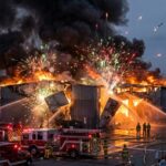 Drone Blitz Sparks Baby-Death Dispute Firefighters battling a large industrial fire with explosions and smoke