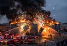 Firefighters battling a large industrial fire with explosions and smoke