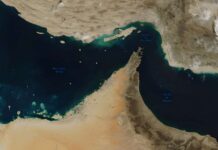 Satellite view of the Strait of Hormuz and surrounding coastlines
