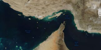 Satellite view of the Strait of Hormuz and surrounding coastlines