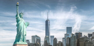 Statue of Liberty in front of the New York City skyline