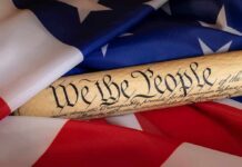 United States Constitution scroll on American flag