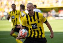 Soccer player in yellow and black jersey celebrating with ball