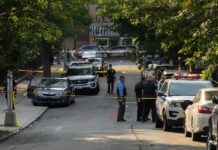 Mattapan Death Shadows Congresswoman Police officers secure a residential street with patrol cars and yellow tape