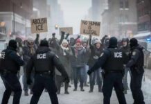 Protesters holding signs against ICE in a snowy urban setting