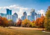 City skyline seen from a park in autumn.