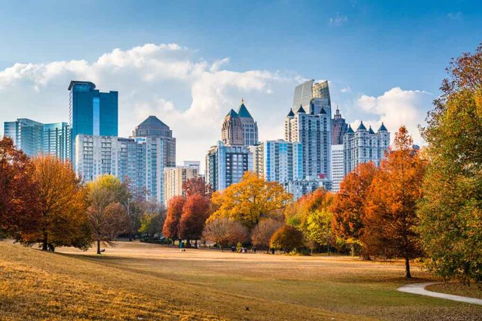 City skyline seen from a park in autumn.