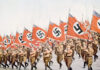 Nazi soldiers marching with swastika flags, World War II.