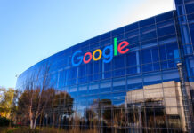 Google headquarters building with colorful logo.